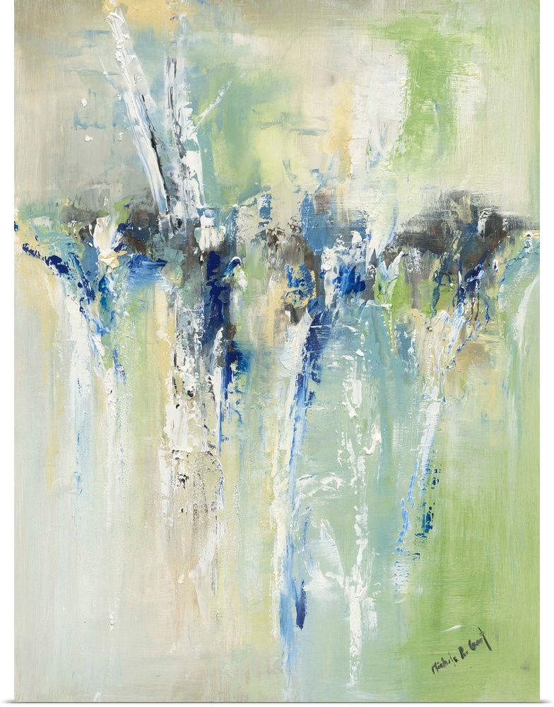 Large abstract painting in blue, green, yellow, gray, ad white hues.