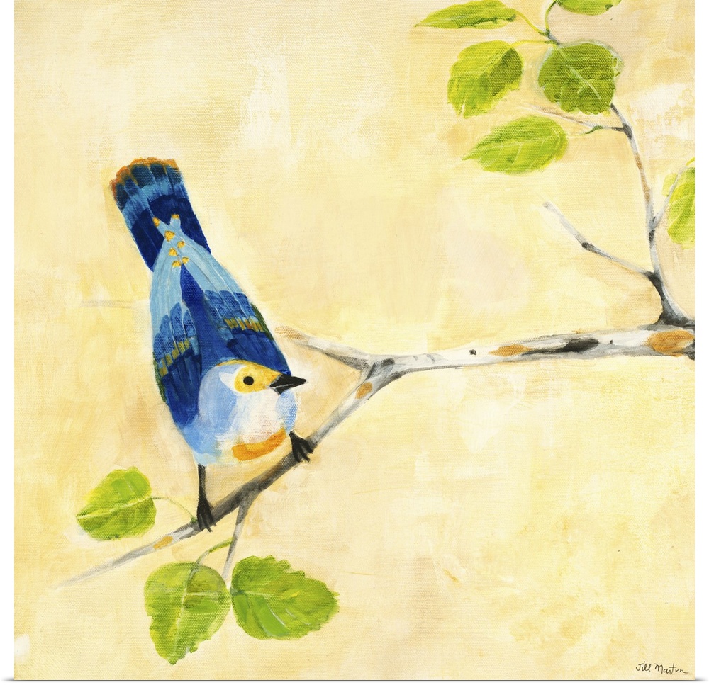 Contemporary artwork of a blue garden bird perched on a tree branch.