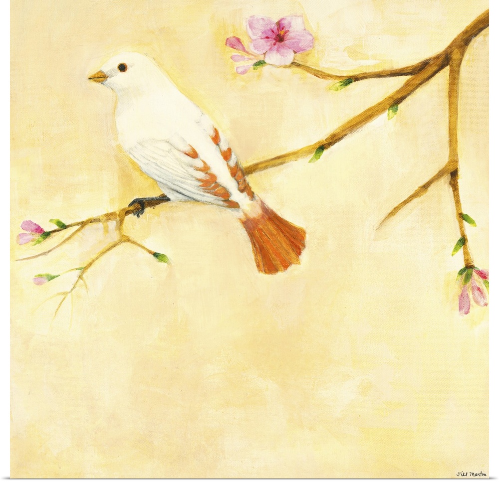 Contemporary artwork of a white and orange garden bird perched on a tree branch.