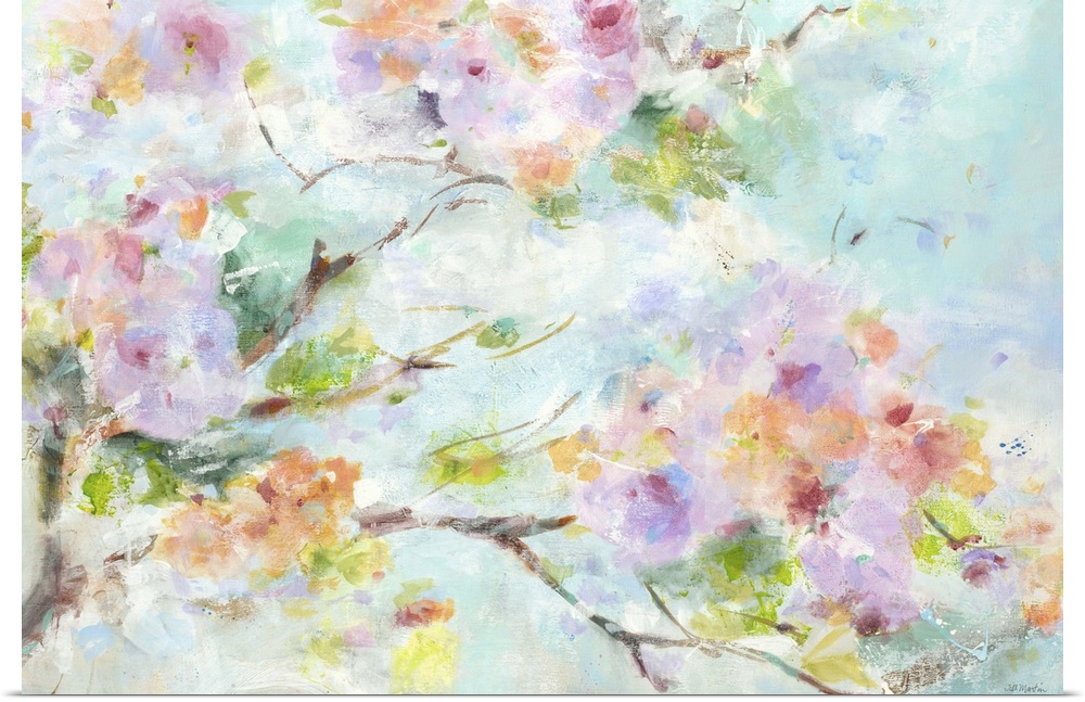 Contemporary painting of soft pink and purple flowers on a tree branch.