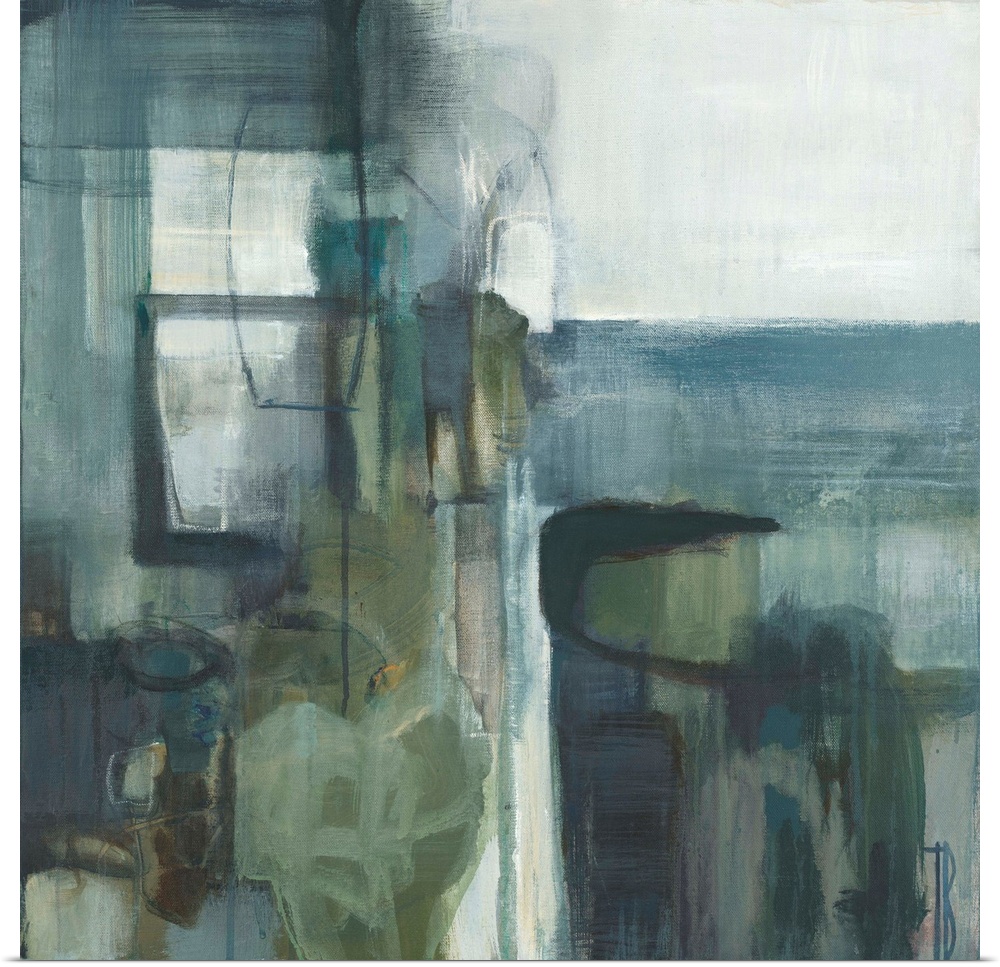 Contemporary abstract painting using pale muted blue and green tones.