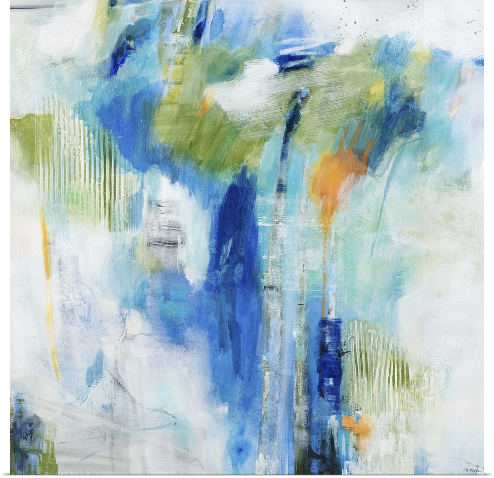 Contemporary abstract painting of splashes blue and green tones against a neutral background.