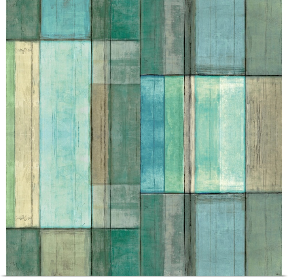 This square shaped decorative wall accent is a grid of geometric rectangles and vertical lines filled with aquatic colored...