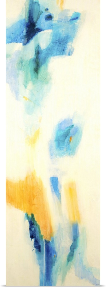 Contemporary abstract painting using splashes of blue and yellow against a beige background.