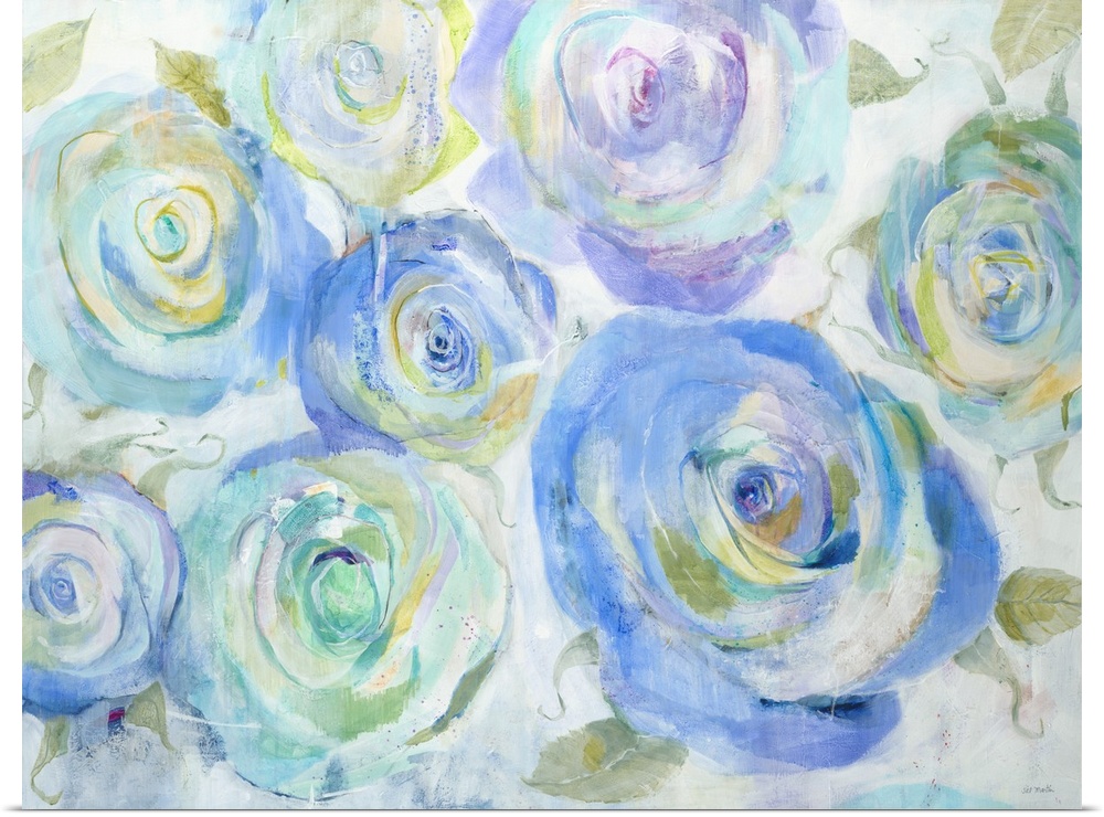 A contemporary painting of purple and blue flowers.