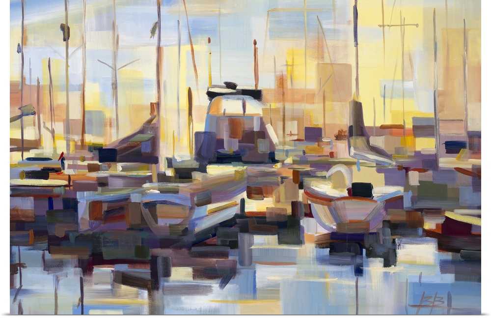 Contemporary abstract painting of a harbor scene deconstructed into geometric shapes.