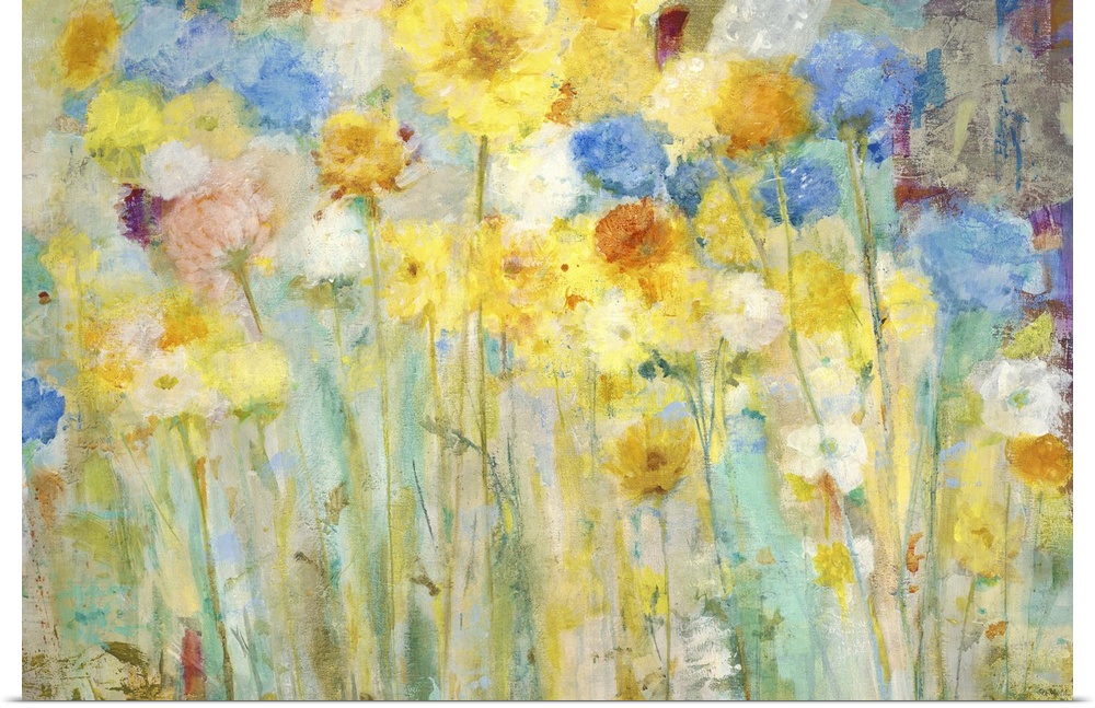 A contemporary painting of a garden of blue and yellow flowers.