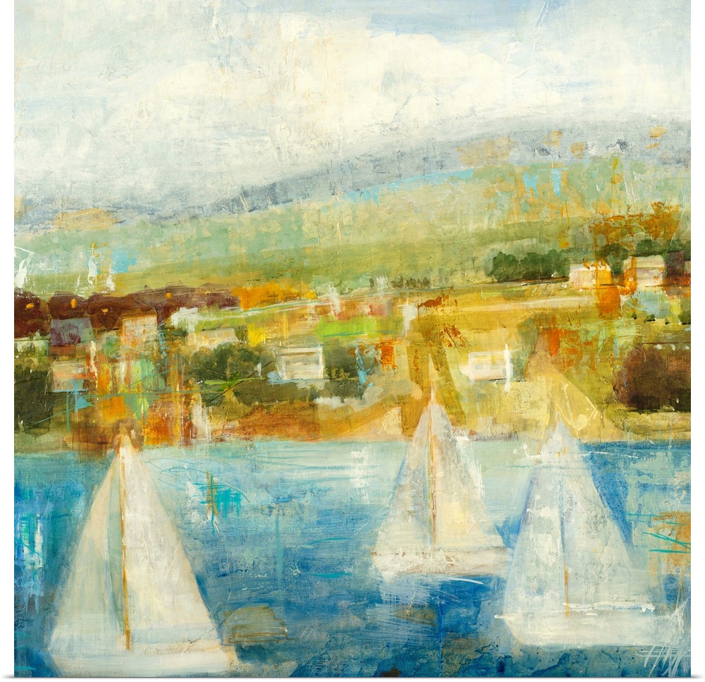 Painting of sailboats in water with city in distance under a cloudy sky.