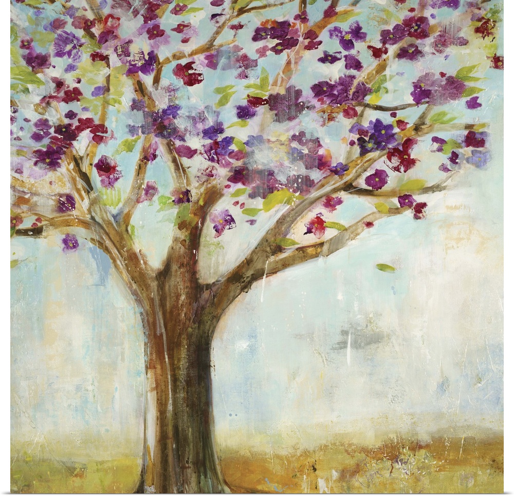 Contemporary painting of a tree with purple blossoming flowers.