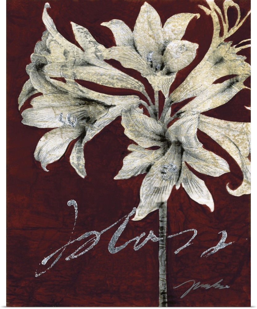 A vertical decorative design of a group of white lilies on a burgundy backdrop.