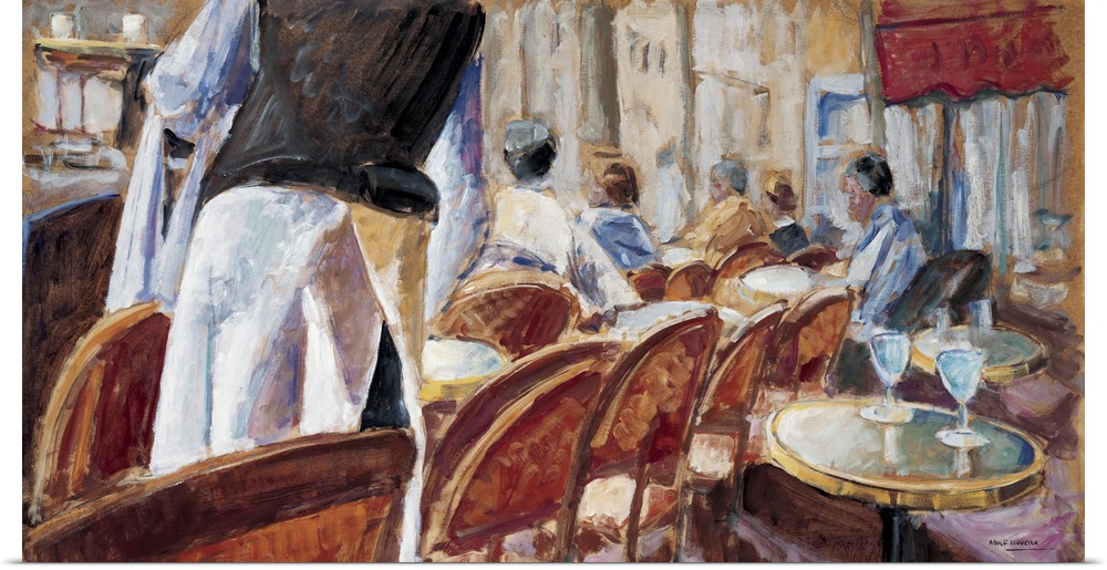 A contemporary painting of a cafe terrace and waiter.
