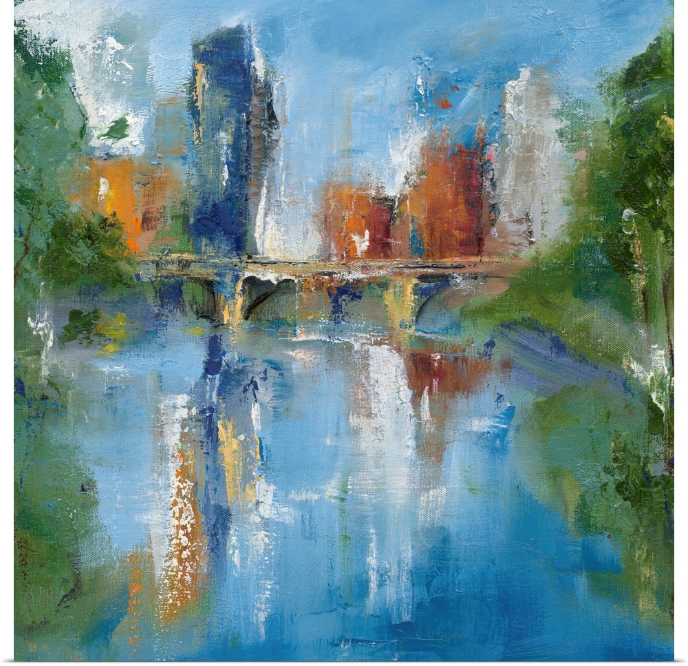 Square abstract painting of a city skyline and a bridge reflecting into water with trees on the sides.