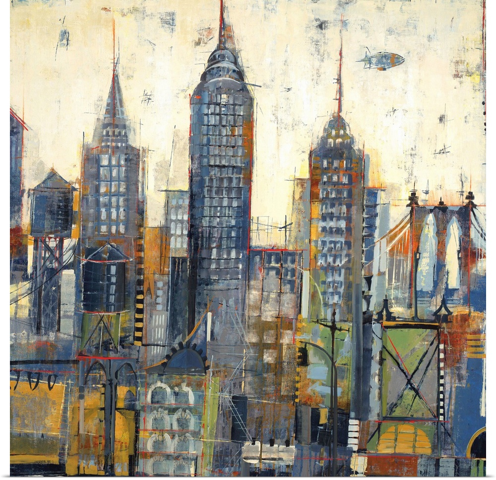 Contemporary painting of a stylized city skyline.
