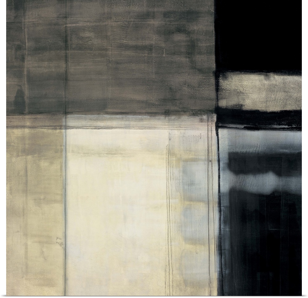 Contemporary abstract painting using neutral tones and geometric shapes.