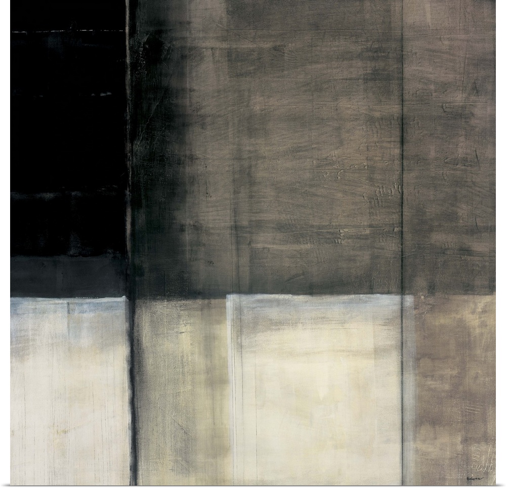 Contemporary abstract painting using neutral tones and geometric shapes.