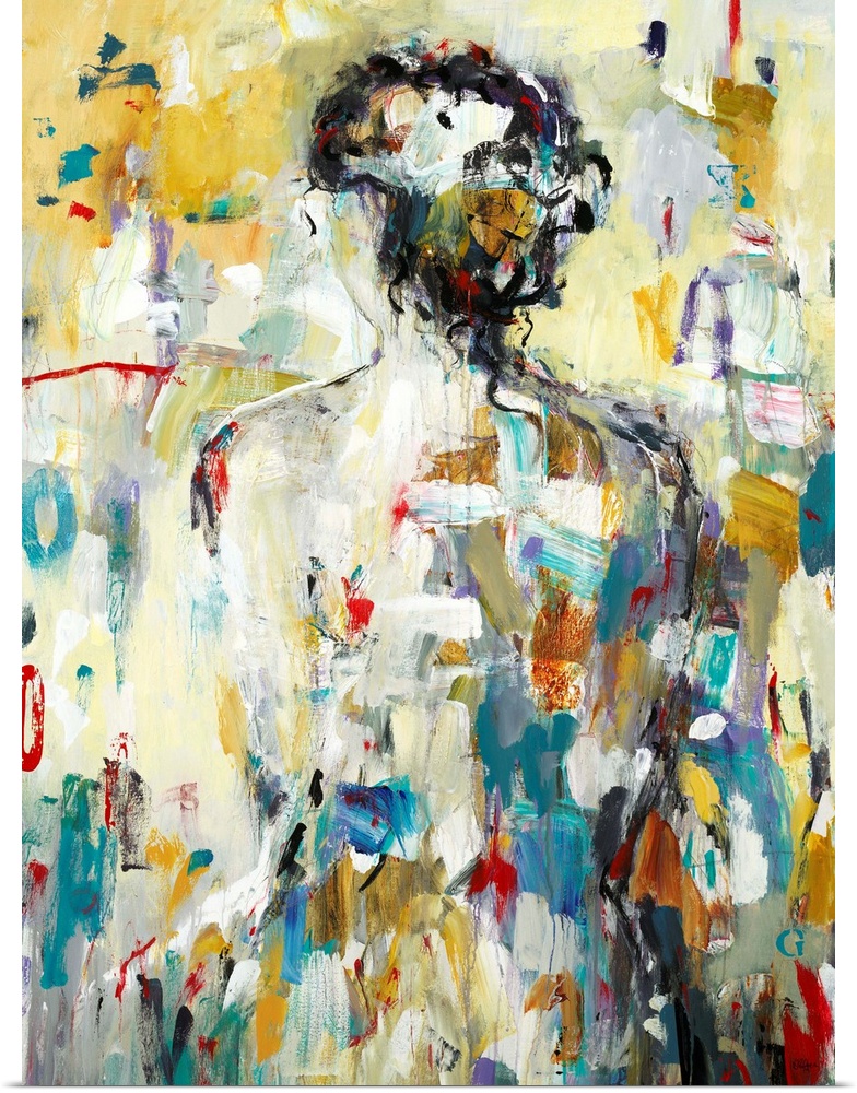 Contemporary abstract painting of the back of a woman made up of various hues layered together with small, busy brushstrokes.
