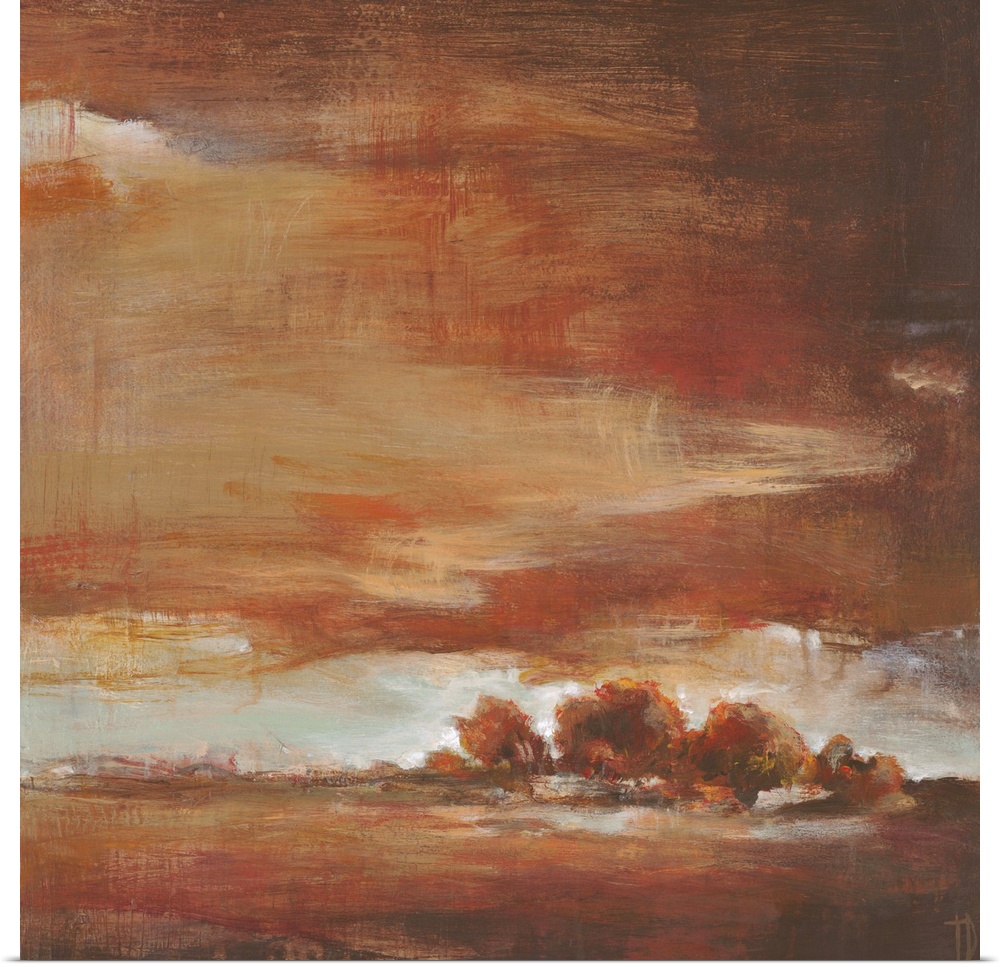 Contemporary landscape painting in autumn colors under a red sky.