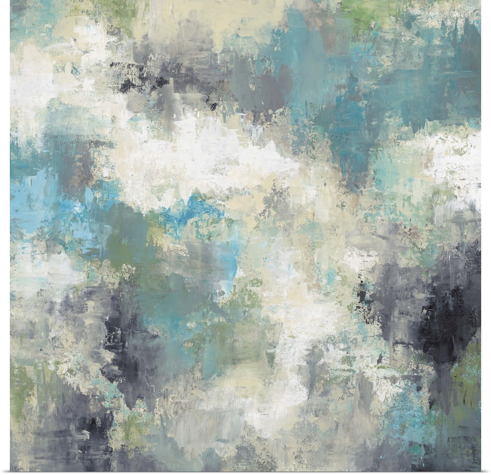 Contemporary abstract painting using a variety of blue tones mixed with neutral tones.