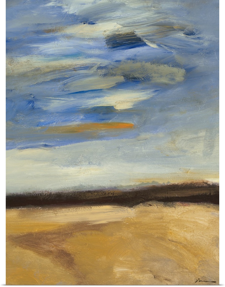 Contemporary abstract painting of a plains landscape under a blue cloudy sky.