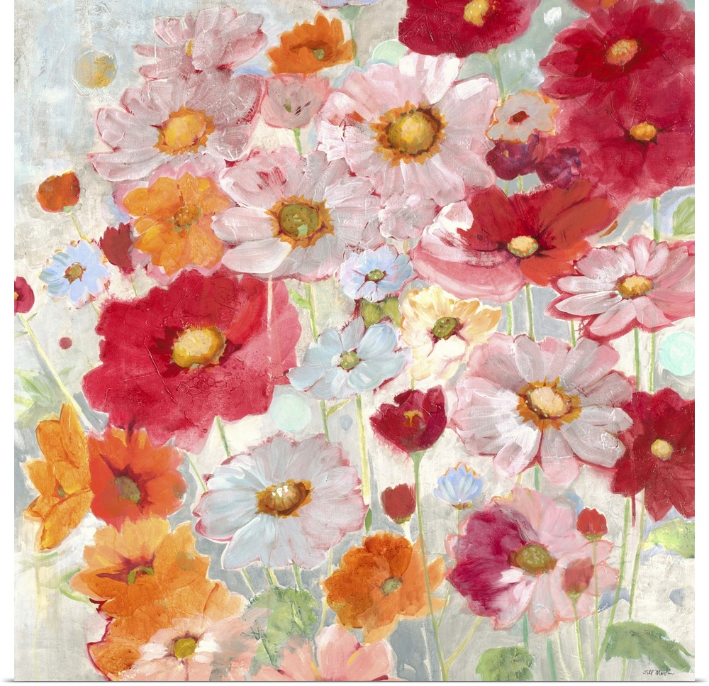 Contemporary painting of vibrant red orange and pink flowers in a garden.