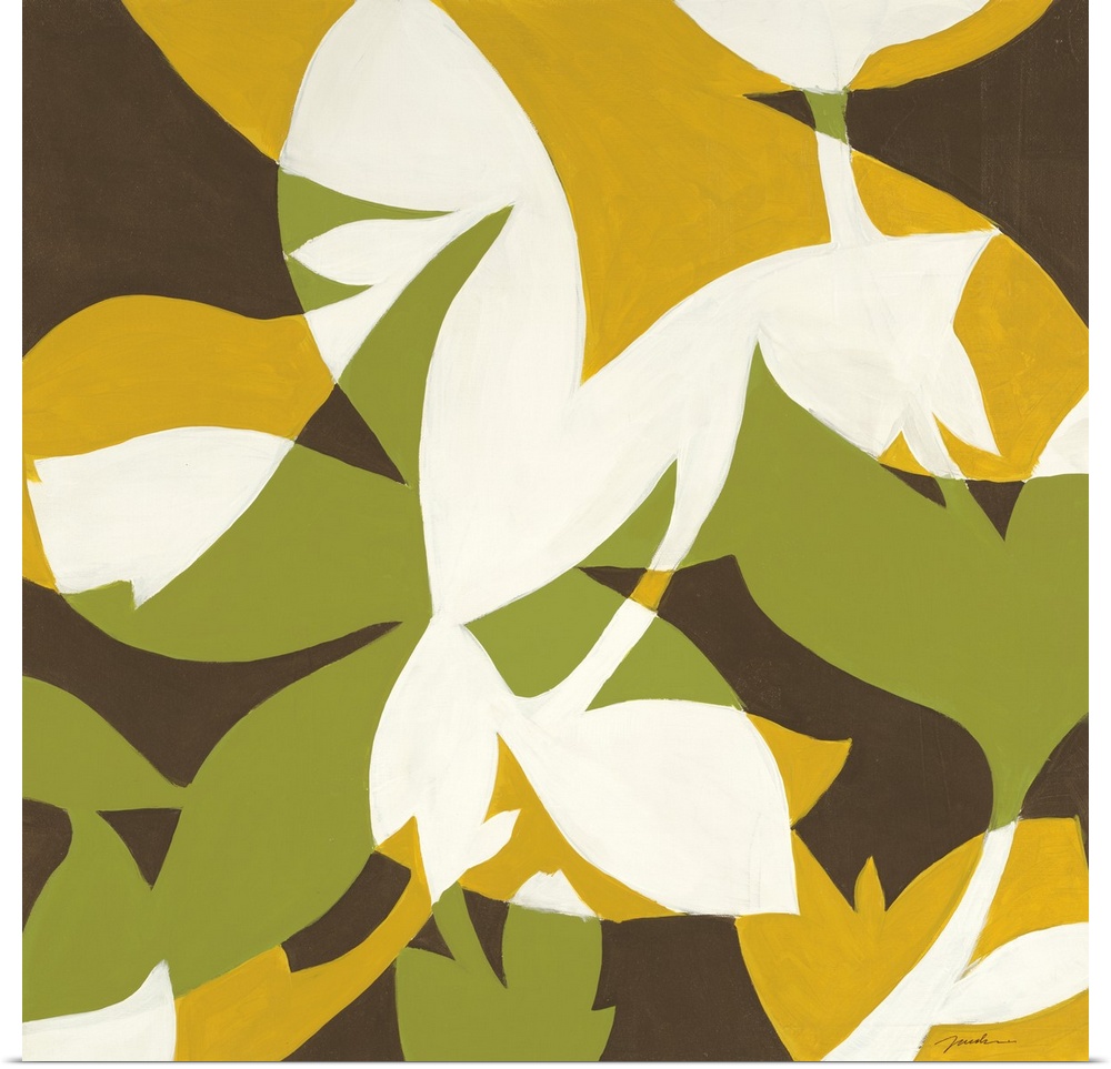 A square contemporary painting of layered flower and leaf shapes in bold colors of yellow, green and white on a brown back...