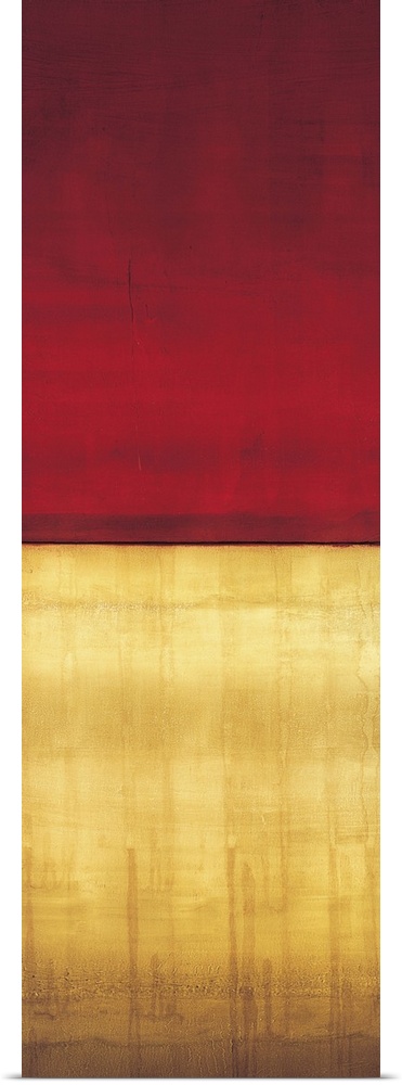 Contemporary color field painting using golden yellow tones meeting a dark red tone in the center of the image.