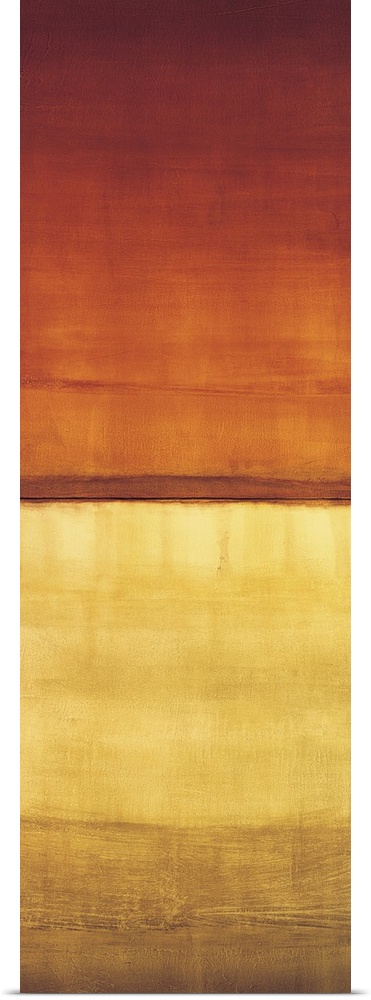 Contemporary color field painting using golden yellow tones meeting dark orange tones in the center of the image.
