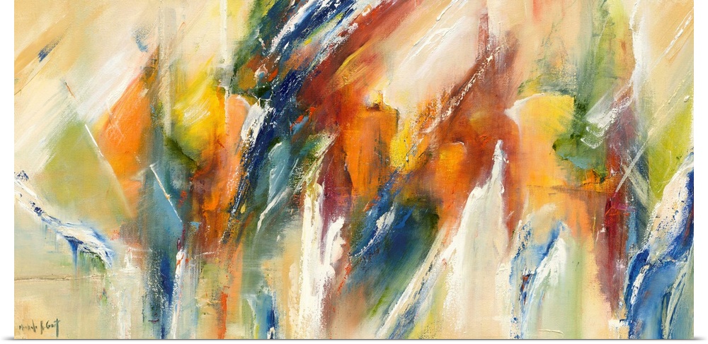 Large abstract painting in vibrant shades of blue, green, yellow, orange, and red with white brushstrokes on top.