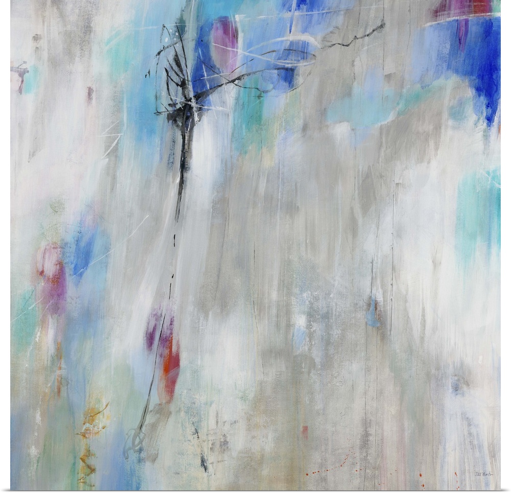 A contemporary abstract painting using splashes of light blue against a neutral background.