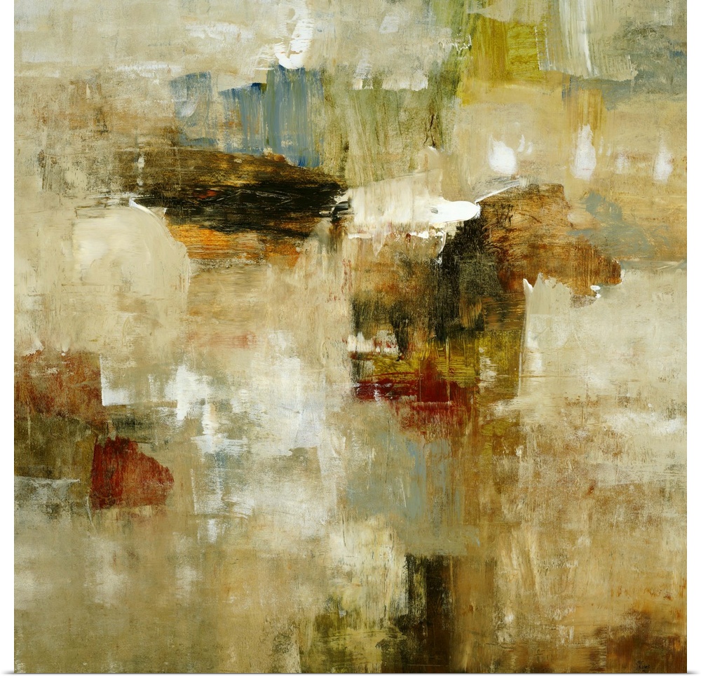 A contemporary distressed abstract painting using earthy tones.