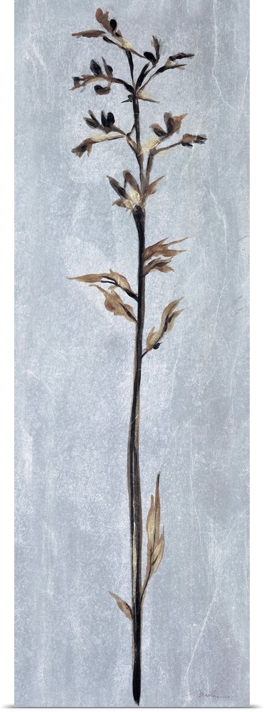 Contemporary painting of a tall thin flower against a pale gray almost like stone.