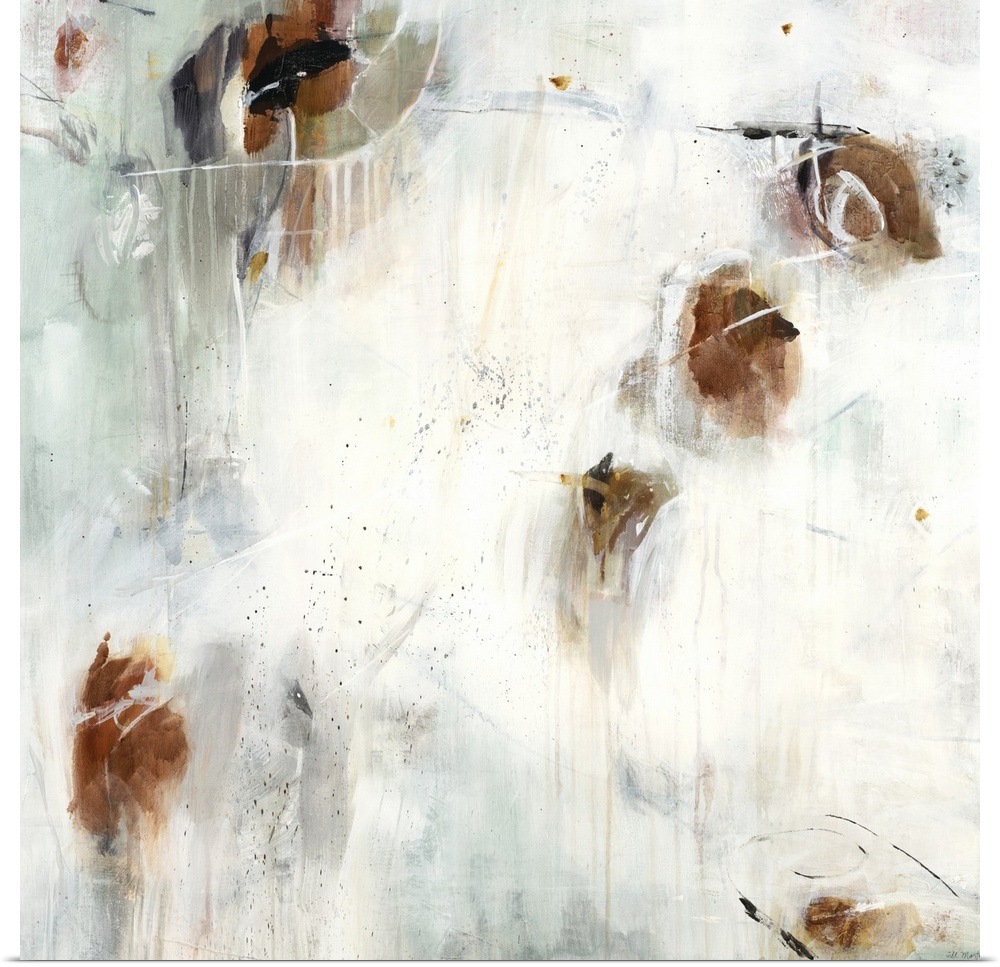 A contemporary abstract painting using splashes of brown against a neutral background.
