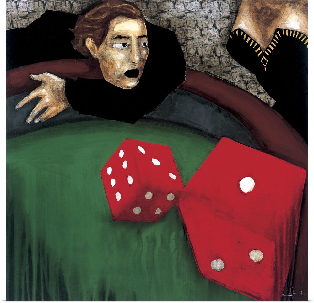 A painting of a man throwing red dice on a craps table.