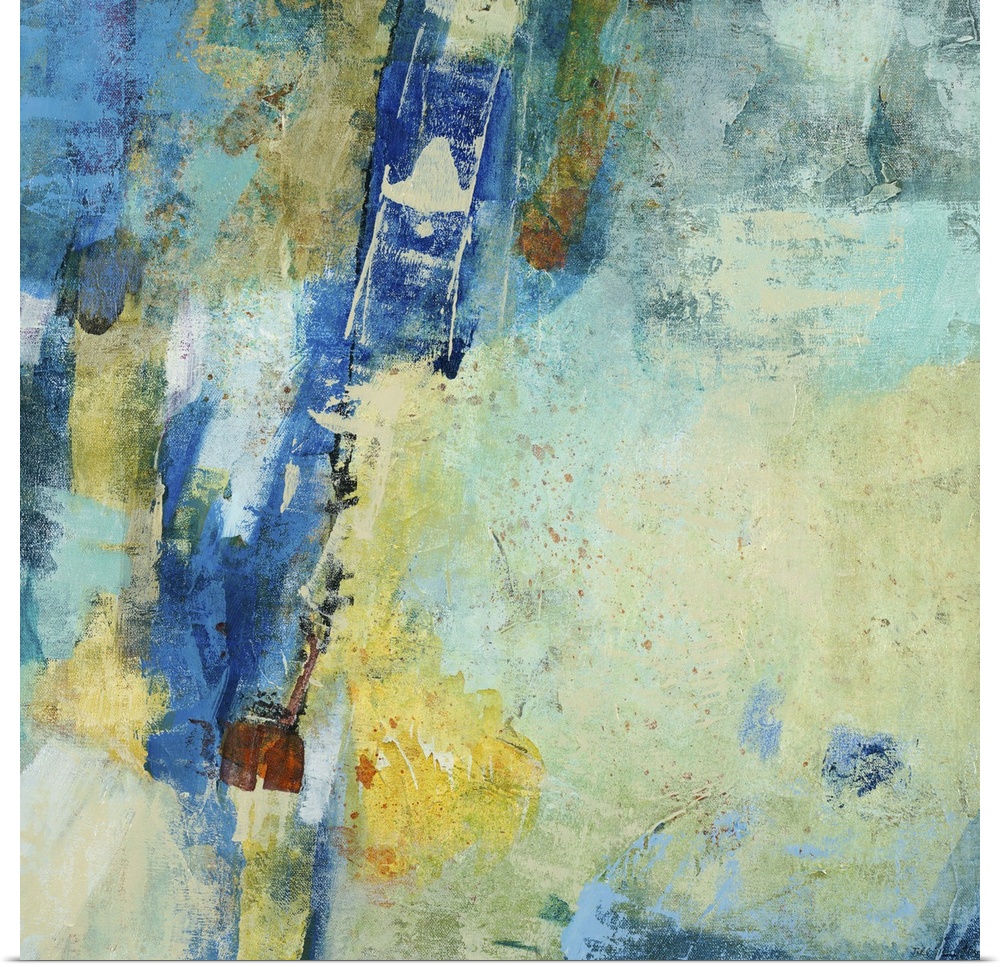 Contemporary abstract painting using mostly blue tones with patches of pale yellow.