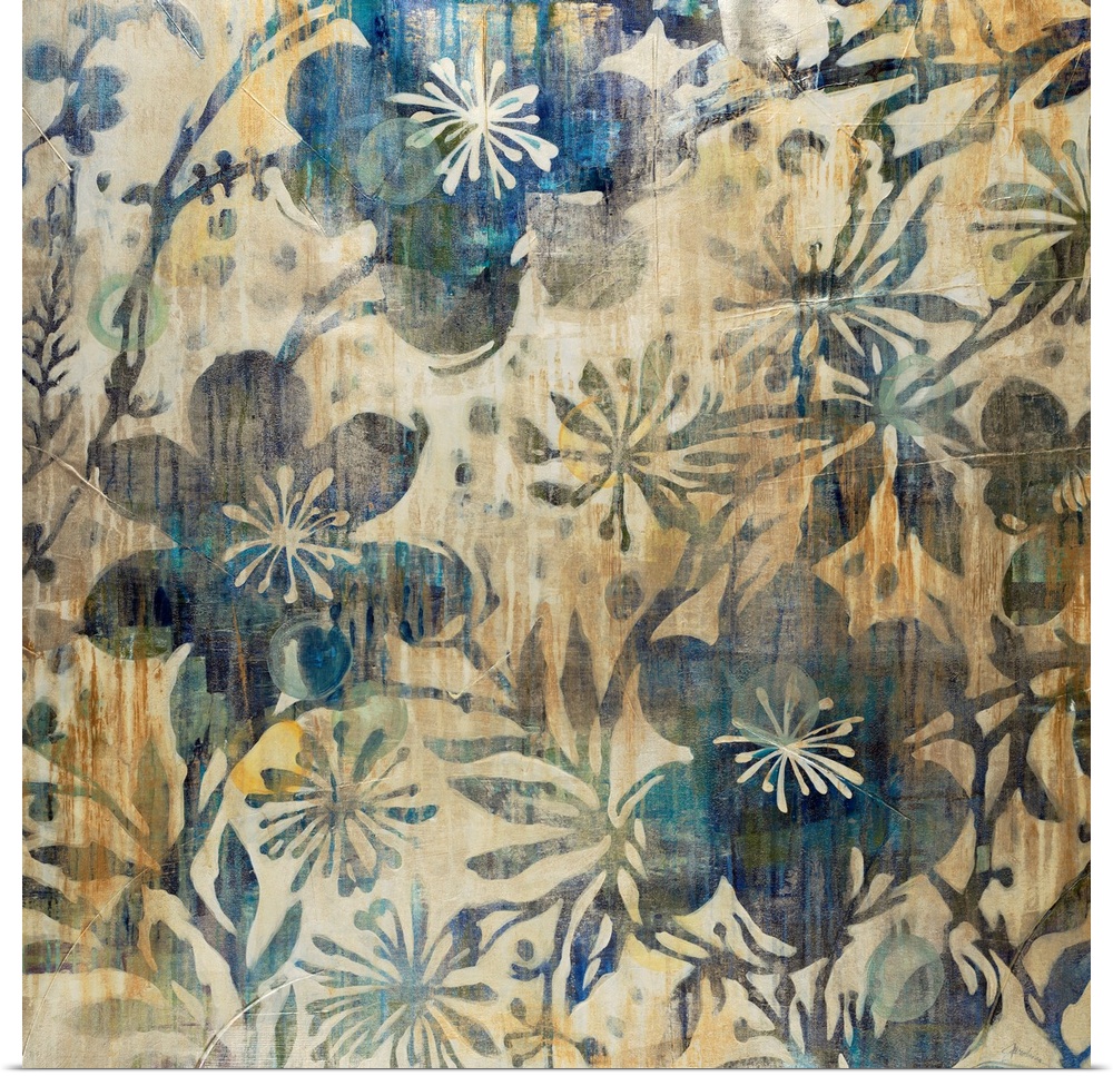 A large piece of contemporary artwork that has large and small blue flowers painted throughout the print.