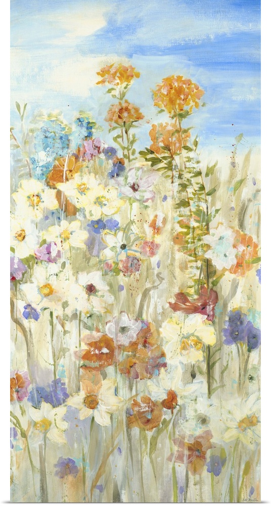 Contemporary painting of a group of garden flowers rising from the ground on their long stems.