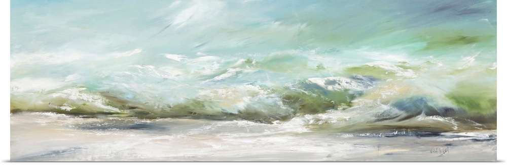 A contemporary panoramic painting of green ocean waves washing onto the sand - a calm image perfect for a beach cottage