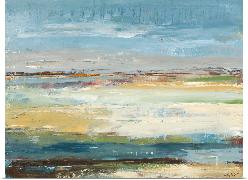 Abstract painting representing a beach landscape with blue, green, orange, brown, yellow, gray, and cream hues.
