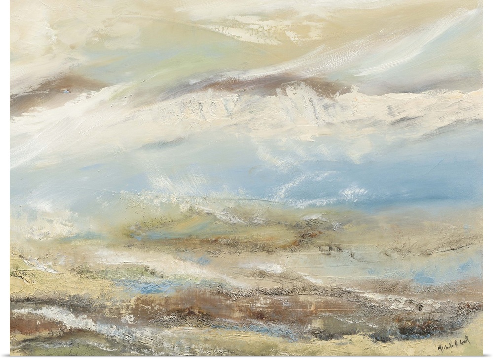 Abstract painting representing a beach landscape with earth tones and texture.