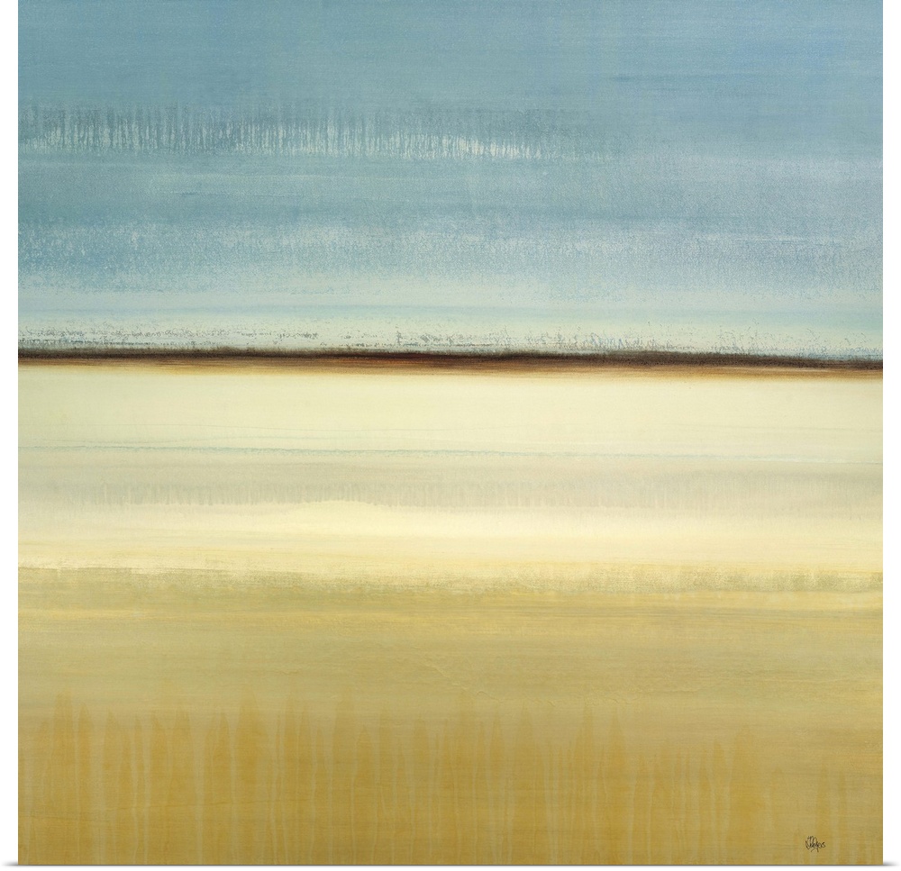 A simple contemporary piece featuring a tranquil abstract landscape with subtle cool tones and a dark horizon line.