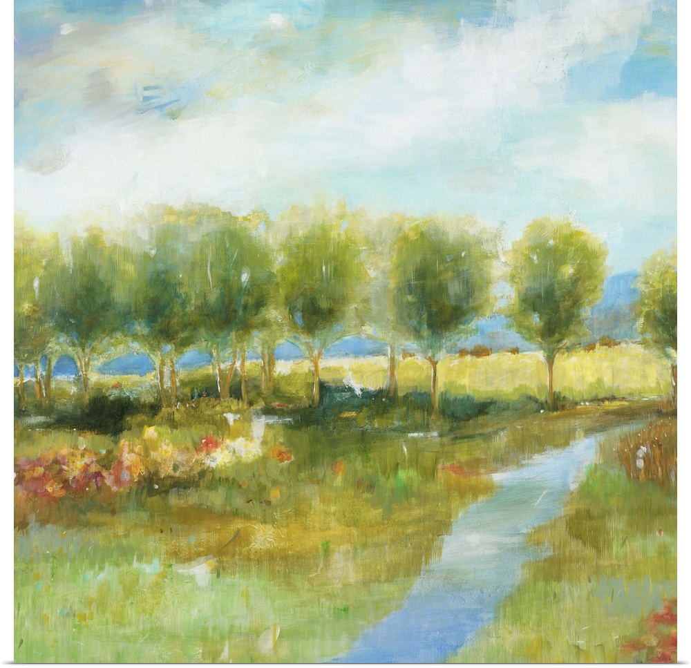Contemporary landscape painting with a line of bright green trees.