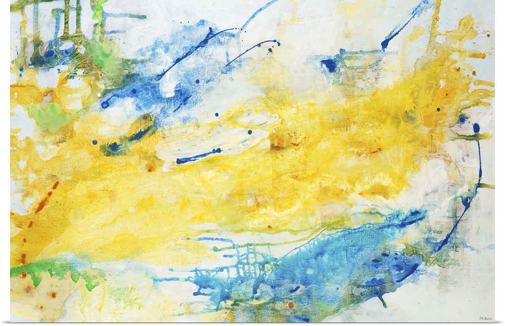 A contemporary abstract painting using predominantly yellow with splashes of blue.