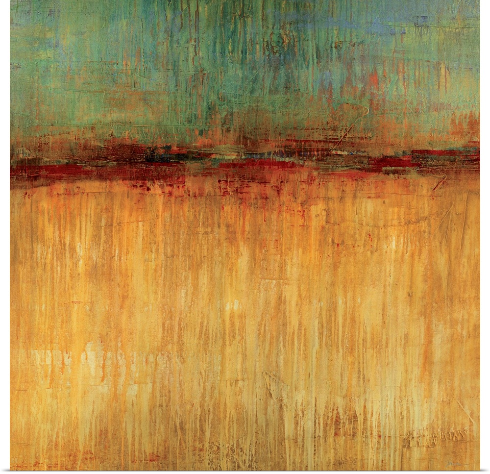 Big, square abstract artwork for a living room or office.  Smaller section of cooler colors at the top appear to drip vert...