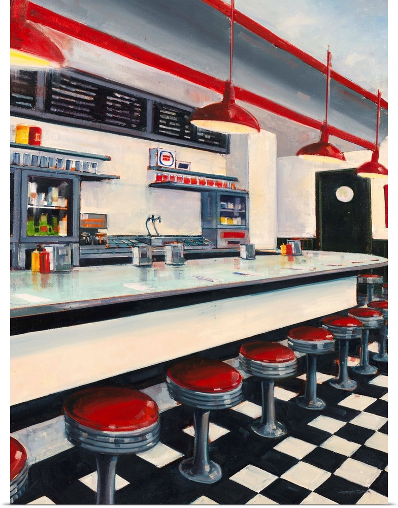Contemporary realistic painting of a red, white, and red old school diner.