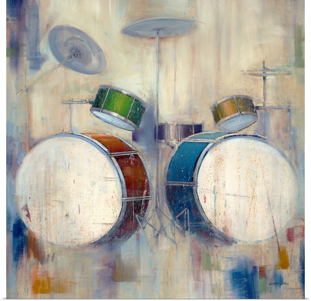 Square oversized artwork of a colorful drum set with symbols, the edges fading into a patchy, heavily brush stroked backgr...
