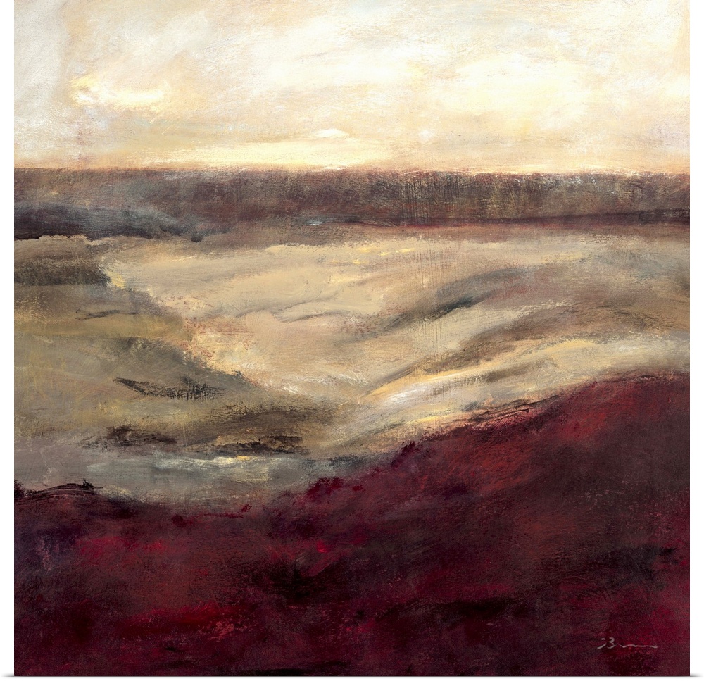 Contemporary abstract painting using warm tones resembling a landscape.
