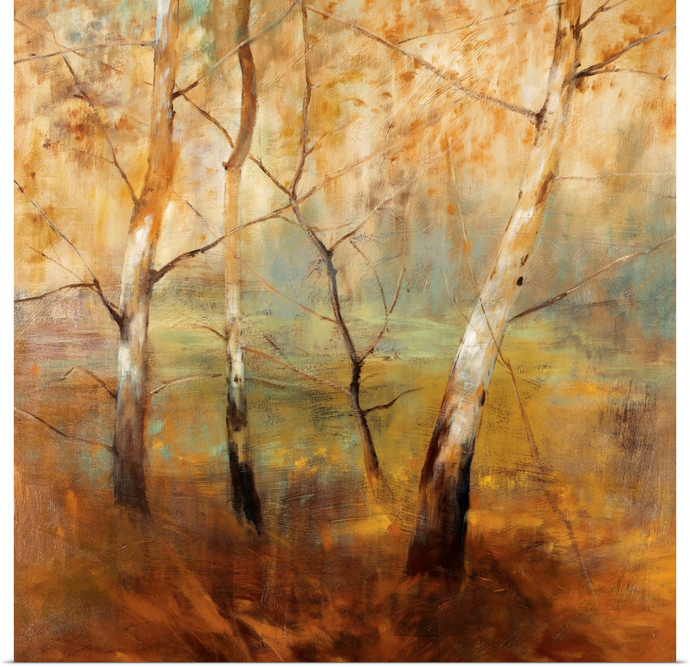 Contemporary landscape painting featuring soft strokes and a muted palette to capture the mood of a forest at dawn.