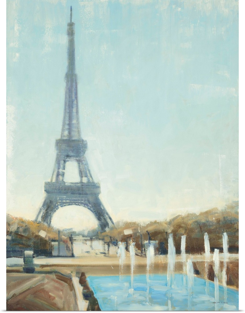 Contemporary painting of the Eiffel tower viewed from the ground level.