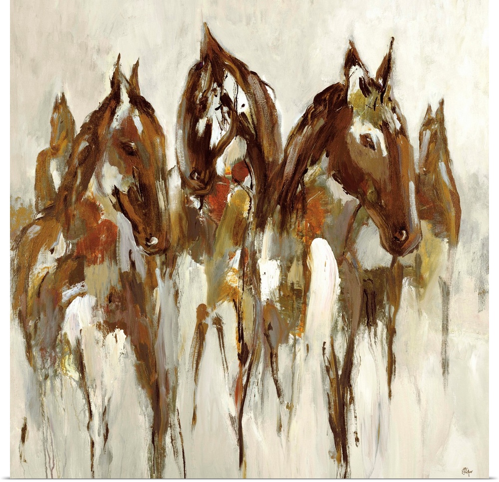 Contemporary abstract painting of a horse figures.