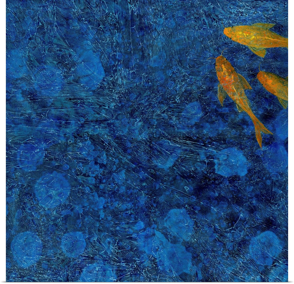 Square painting with textured, deep blue water and three orange koi fish in the top right corner.